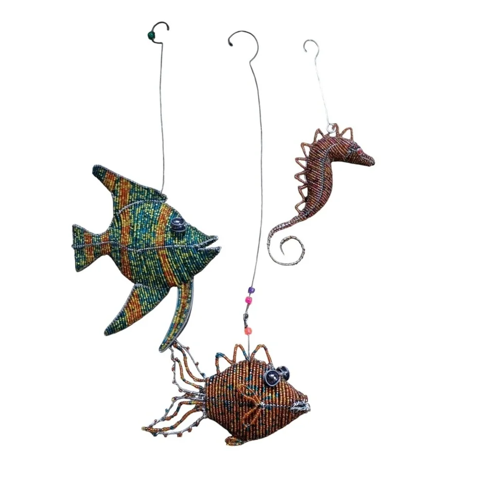 Beaded Wire Marine Life Fish Seahorse Ornaments Lot 3 Coastal Home Decor Folk